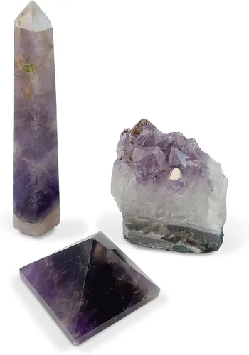 Miniatura 7 de Beverly Oaks Colección de 3 piezas de cristal de cuarzo transparente natural ~ Torre de obelisco, pirámide y trozo de cuarzo transparente crudo ~