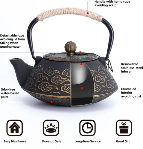 Miniatura 4 de Tetera de hierro fundido, tetera japonesa con infusor para hojas sueltas, tetera para estufa de té, cubierta segura con interior esmaltado
