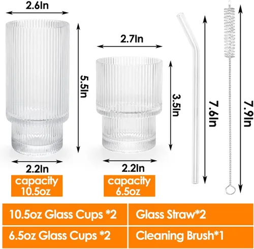 Miniatura 5 de Vasos acanalados para beber, estilo origami, juego de 4, cristalería vintage ondulada para cóctel, café, refrescos, jugo, cerveza