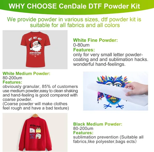 Miniatura 2 de CenDale DTF Powder Kit, Includes Fine Medium, White Black Digital DTF Transfer Powder for Sublimation, Compatible with DTF and DTG Printers, DTF