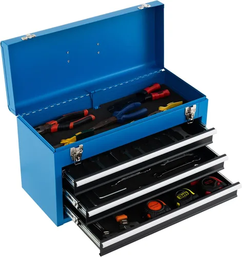 Miniatura 12 de Caja de herramientas de metal, caja de herramientas de 3 cajones con asa de transporte, 2 pestillos y forro, caja de almacenamiento portátil