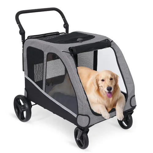 Miniatura 7 de Saudism Cochecito de perro para perros grandes y medianos, cochecito extra grande para mascotas, carro para perros para 2 perros, diseño plegable