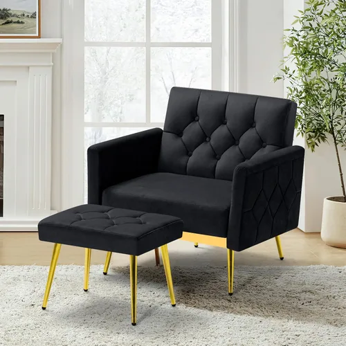 Miniatura 2 de Silla decorativa de terciopelo con reposabrazos y respaldos ajustables, sofá individual copetudo con otomana, silla de lectura tapizada para sala
