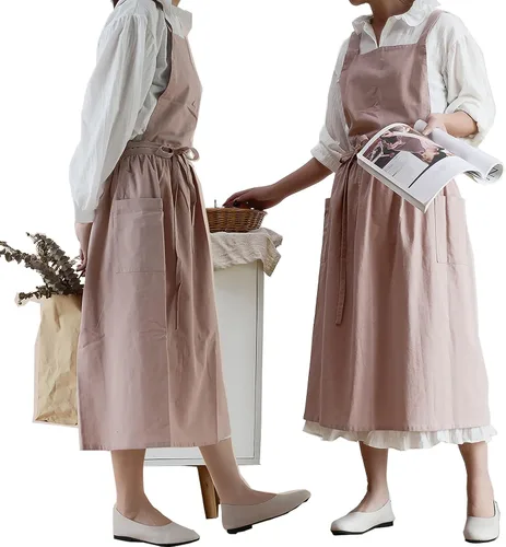 Miniatura 10 de VLZUFE Delantal de lino y algodón para mujer, con espalda cruzada, con bolsillos, para trabajos de jardinería, vestido delantal, color negro