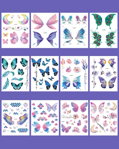 Miniatura 2 de Maquillaje de mariposa con purpurina para mujeres adultas, 12 hojas de mariposas coloridas, alas falsas de hada, calcomanías impermeables