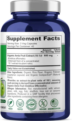 Miniatura 2 de NusaPure Cápsulas orgánicas de Amla 600 mg, 120 cápsulas vegetales (USDA, veganas, sin OMG)