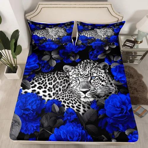 Miniatura 45 de Erosebridal Juego de sábanas bajeras de rosas rojas y leopardo, tamaño individual, diseño de animales africanos salvajes, diseño de plantas