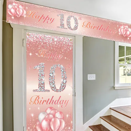 Miniatura 5 de Juego de carteles largos de feliz cumpleaños 10 para puerta, porche, decoración de cumpleaños de 10 años para niñas, suministros de fiesta