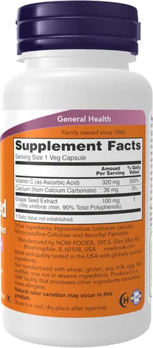 Miniatura 2 de NOW Suplementos, Semilla de Uva 100 mg - Extracto estandarizado, extracto altamente concentrado con un mínimo de 90% de polifenoles, con vitamina C
