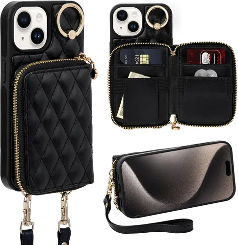 Miniatura 63 de Funda tipo cartera para iPhone 15 de 6.1 pulgadas, bolso cruzado con cremallera y correa para la muñeca con cordón para mujer, tarjetero con bloqueo