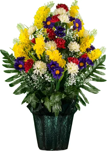 Miniatura 13 de Sympathy Silks Flores artificiales para cementerios – Decoraciones para tumbas - 1 ramo de flores silvestres de violeta púrpura y naranja, 1 montura