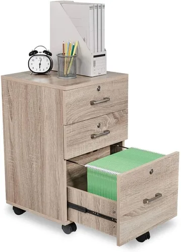 Bonnlo - Archivador de madera con 3 cajones, cerradura y ruedecillas, en roble