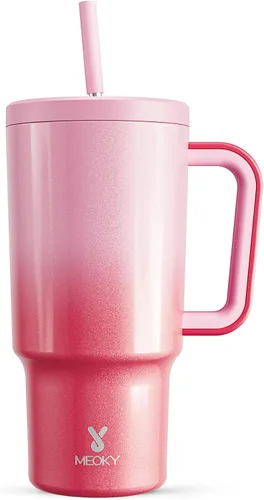 Miniatura 58 de Meoky - Vaso de 30 oz con asa, tapa y pajilla, taza de viaje térmica de acero inoxidable 100% a prueba de fugas, para portavasos, mantiene el frío