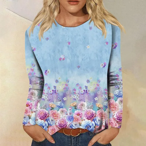 Miniatura 2 de LPIGOH Camisas de manga larga para mujer, camisetas de manga larga con cuello redondo, camisetas básicas, cómodas, estampadas, blusas