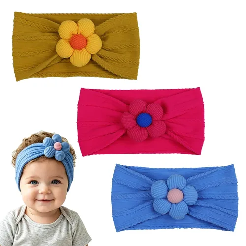 Miniatura 7 de MIUXUESO 3 Piezas Diademas de Flores para Bebé Diademas de Nylon para Niñas Bebé Diademas Suaves Accesorios para el Cabello para Recién Nacidos
