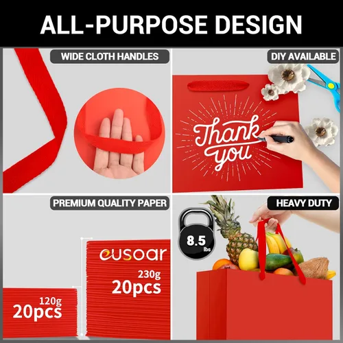 Miniatura 3 de Eusoar - Paquete de 20 bolsas de papel de estraza a granel para envolver regalos, de color rojo, tamaño pequeño de 10.6 x 3.1 x 8.3 pulgadas, bolsas
