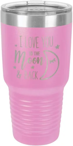 Miniatura 12 de Vaso azul de 30 onzas con popote y tapa superior deslizante con texto en inglés "I love you to the moon and back", taza de viaje de acero inoxidable