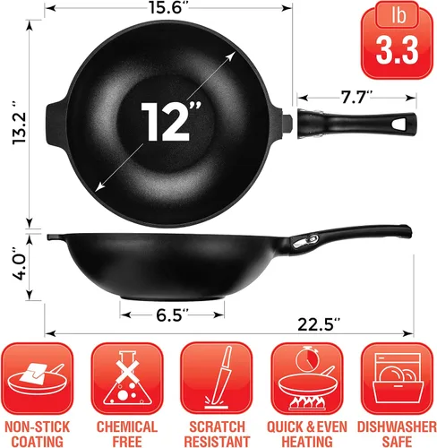 Miniatura 2 de Wok antiadherente de aluminio de 12 pulgadas, compatible con inducción, ligero