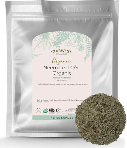 Starwest Botanicals Hojas de neem orgánicas, hierbas secas de hojas sueltas para té y cocina, neem puro procedente de la India, cortado y tamizado,