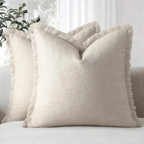 Miniatura 20 de ZWJD Juego de 2 fundas de almohada de 16 x 16 pulgadas, color beige, con flecos, de algodón, decorativas, cuadradas, para sofá, cama, sala de estar
