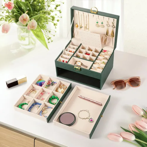 Miniatura 3 de Joyero de 3 capas, organizador de joyas con cajón organizador de joyas, grandes cajas de joyería y organizador con organizador de aretes
