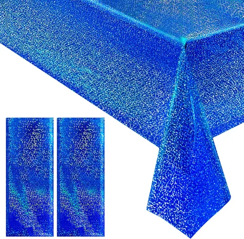 Miniatura 15 de 4 piezas de mantel de fiesta azul real holográfico de 40" x 108" con iridiscencia, mantel de plástico azul marino brillante para graduación, 4