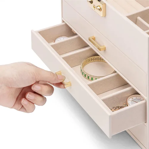 Miniatura 7 de Vlando Caja organizadora de joyas grande de terciopelo, caja de almacenamiento de joyas de 5 capas con espejo y cerradura, bandeja apilable y 3