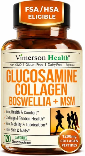 Suplemento de condroitina de colágeno y sulfato de glucosamina con boswellia, MSM, bromelina, quercetina y metionina. Apoyo articular para la