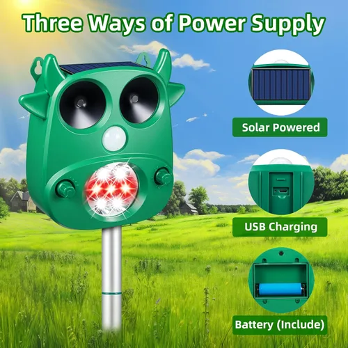 Miniatura 3 de Repelente solar ultrasónico de animales para exteriores, repelente de ciervos con detección de movimiento, luces intermitentes, repelente de gatos