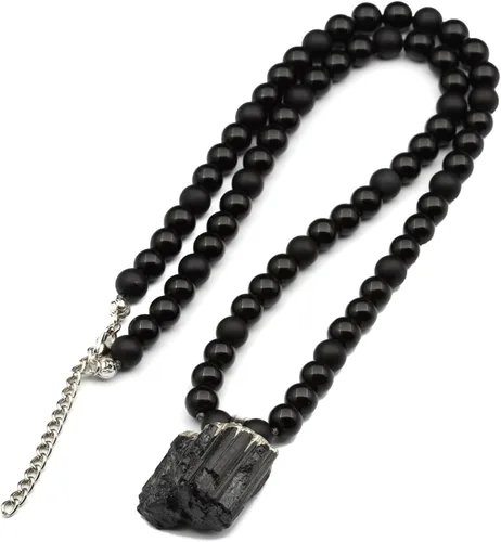 Colgante de turmalina cruda natural, Collar de cuentas de ónix negro genuino, Collar de piedra negra, Collar de piedras preciosas, Cuentas de 0.315