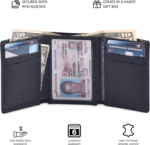 Miniatura 5 de Billetera para hombre, de piel auténtica, con bloqueo RFID, con ventana de identificación, en caja de regalo