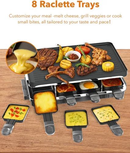 Miniatura 3 de HBN Parrilla eléctrica de mesa Raclette con 8 bandejas de calentamiento, parrilla coreana 2 en 1 y plancha eléctrica antiadherente, control