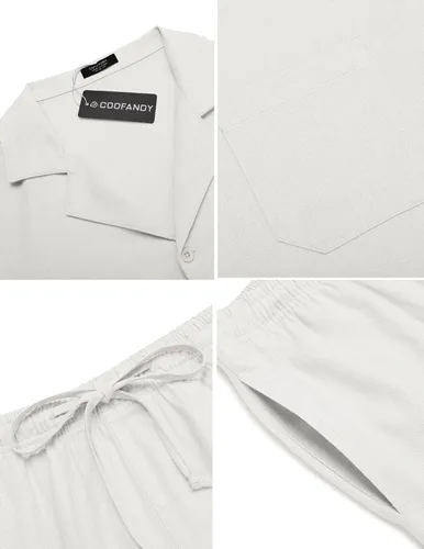 Miniatura 5 de COOFANDY Camisas de lino de manga corta con botones para hombre, conjunto corto hawaiano de playa de 2 piezas