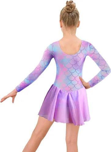 Miniatura 4 de EQSJIU Leotardo de ballet de manga larga con falda tutú para niñas, baile, gimnasia, niños pequeños, vestido de fiesta de copo de nieve brillante