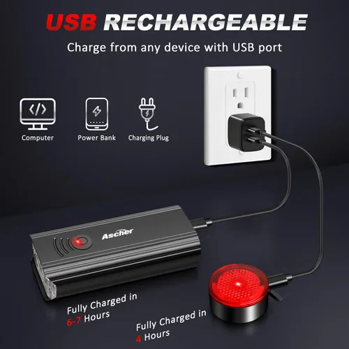 Miniatura 6 de Ascher USB Rechargeable Bike Light Front and Back, Super Bright 1000 Lumens Bicycle Headlight and Compact Tail Light, 4 Light Modes, Large Capacity