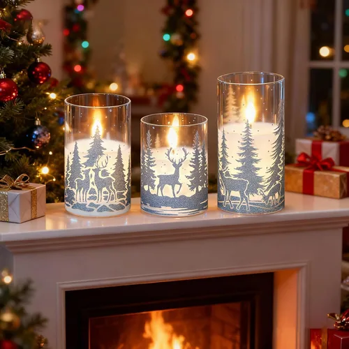 Miniatura 3 de Velas de Navidad sin llama con calcomanías de reno plateado, paquete de 3 velas LED de vidrio a pilas con temporizador remoto, velas de pilar