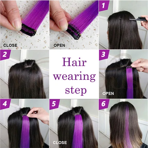 Miniatura 4 de 12 extensiones de cabello de colores rectas de 20 pulgadas, extensiones de cabello sintético con clip, color arcoíris, con reflejos, para fiesta