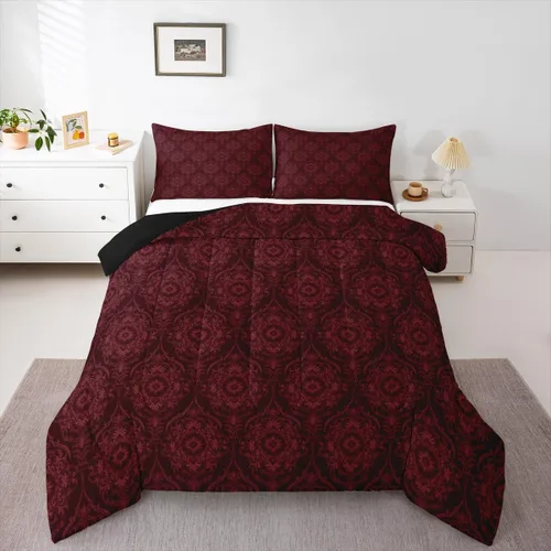 Erosebridal Juego de edredón vintage rojo dorado degradado floral bohemio cachemira damasco juego de ropa de cama matrimonial victoriano barroco