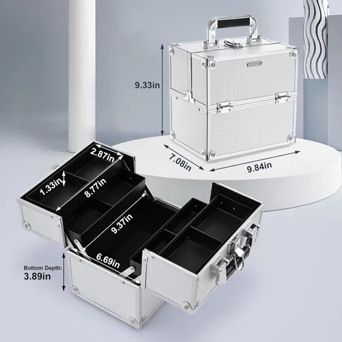 Miniatura 5 de FRENESSA Estuche de Tren para Maquillaje, Caja Organizadora de Cosméticos Portátil con Candado, Estuche de Viaje para Maquillaje con 4 Bandejas