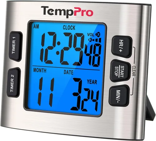 ThermoPro TM02 - Temporizador digital de 24 horas con temporizadores de cocina duales para cocinar, cronómetros, reloj magnético con volumen de