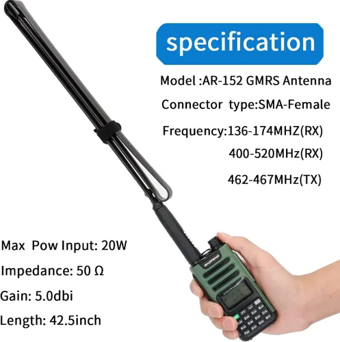 Miniatura 3 de ABBREE Antena de radio GMRS 42.5 pulgadas (462-467MHz) SMA hembra CS antena táctica para Baofeng UV-5R AR-152 UV-82 BF-888S y GM-15 Pro GMRS GM-5RH