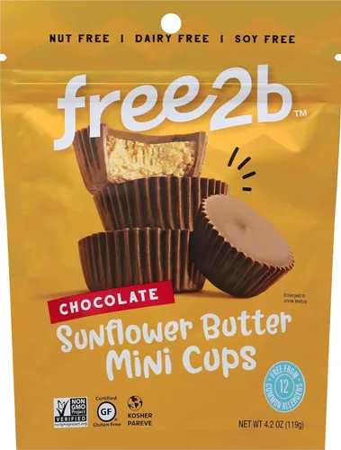 Free2b - Mini tazas de sol de mantequilla de girasol, seguras para la escuela y aptas para alérgicos, sin gluten, sin lácteos, sin nueces y sin