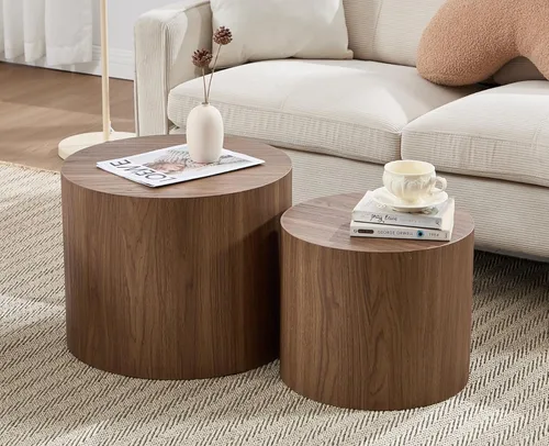Miniatura 9 de CIMOTA Juego de 2 mesas auxiliares redondas de madera, modernas mesas auxiliares circulares de travertino para sala de estar, color madera clara/sin