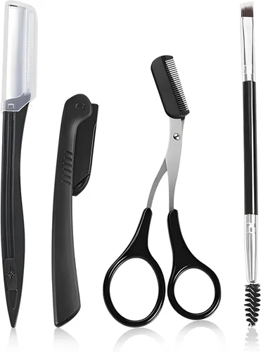 Kit de tijeras de aseo para cejas, kit 4 en 1 de acero inoxidable para mujeres y hombres, incluyendo maquinillas de afeitar para cejas, cepillo,
