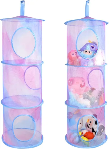 ChezMax Almacenamiento de malla colgante para animales de peluche, 3 niveles, paquete de 2 unidades, organizador de red grande para animales de 3