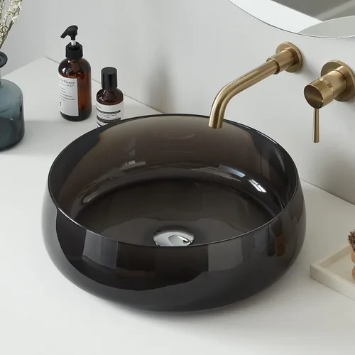Cpingao Fregadero de baño redondo de resina de piedra transparente de 17.7 pulgadas, lavabo sobre encimera con drenaje desplegable (negro)