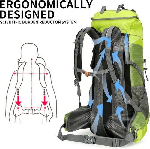Miniatura 4 de Mochila de senderismo para hombres y mujeres, 70L+5L, impermeable, ligera, mochila de camping con cubierta de lluvia para viajes al aire libre Verde