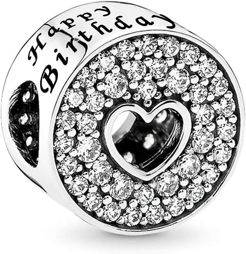 Abalorio de feliz cumpleaños para pulseras, collares, colgantes, corazón, mujeres, hermanas, tía, nieta, celebración, familia, Metal, Circonita