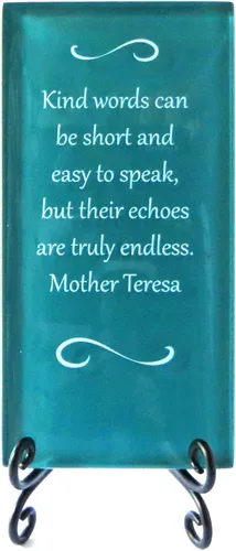 Placa de cristal inspiradora con cita de Madre Teresa: sobre la importancia de la bondad. Agradece a alguien por su aliento hoy. Incluye caballete