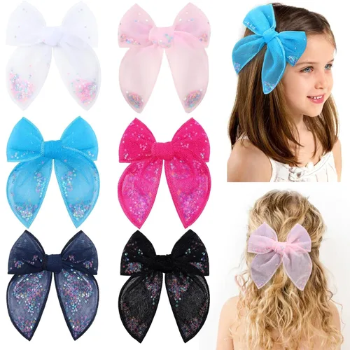 Miniatura 8 de 6 piezas de lazos de tul para el pelo de niñas, lazos para bebés de CN con estrella brillante y pinza de cocodrilo, pasadores de pelo coloridos